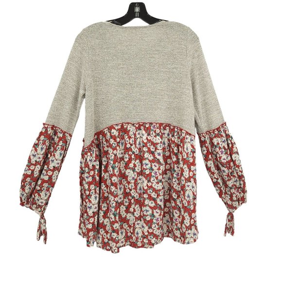 Easel Long Sleeve Knit Floral Tunic Top Womens Size Small Tie Sleeves Gray Red - Picture 2 of 13